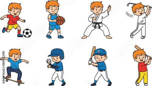Cartoon boys playing soccer, basketball, martial arts, golf, skateboarding, baseball, cricket, sports activity, kids exercise, flat vector illustration