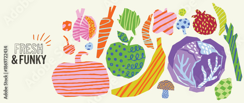 Colorful vegetable collage cutouts in playful crayon style, irregular carrots, pumpkins, broccoli and fruits, fun hand drawn doodle scrapbook stickers for kids design, crafts and decoration