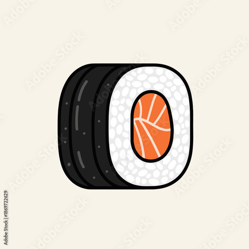 A simple, minimalist illustration of a single salmon maki sushi roll, showing the orange fish and white rice wrapped in dark nori seaweed.