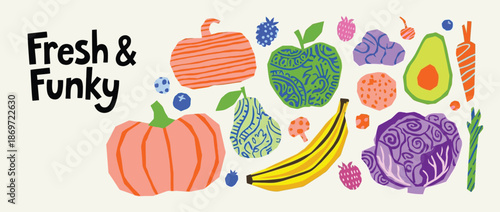 Colorful vegetable collage cutouts in playful crayon style, irregular carrots, pumpkins, broccoli and fruits, fun hand drawn doodle scrapbook stickers for kids design, crafts and decoration