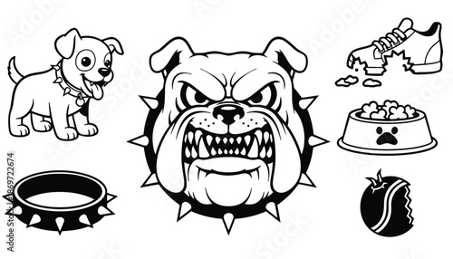 A black and white illustration of a bulldog and dog items