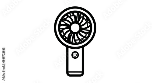 A black line art illustration of a portable handheld electric fan with a power button on a white background with portable fan and handheld fan