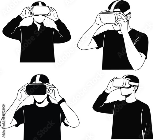 Virtual reality headset users, black and white illustration, immersive tech poses, VR interaction, modern device, flat vector illustration