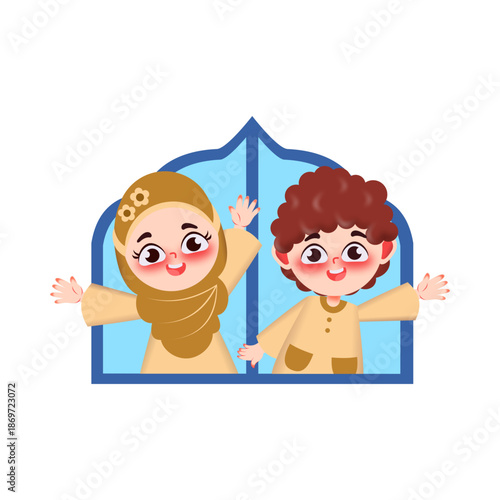 Cute Muslim Kids Character Waving Hands from Window Illustration