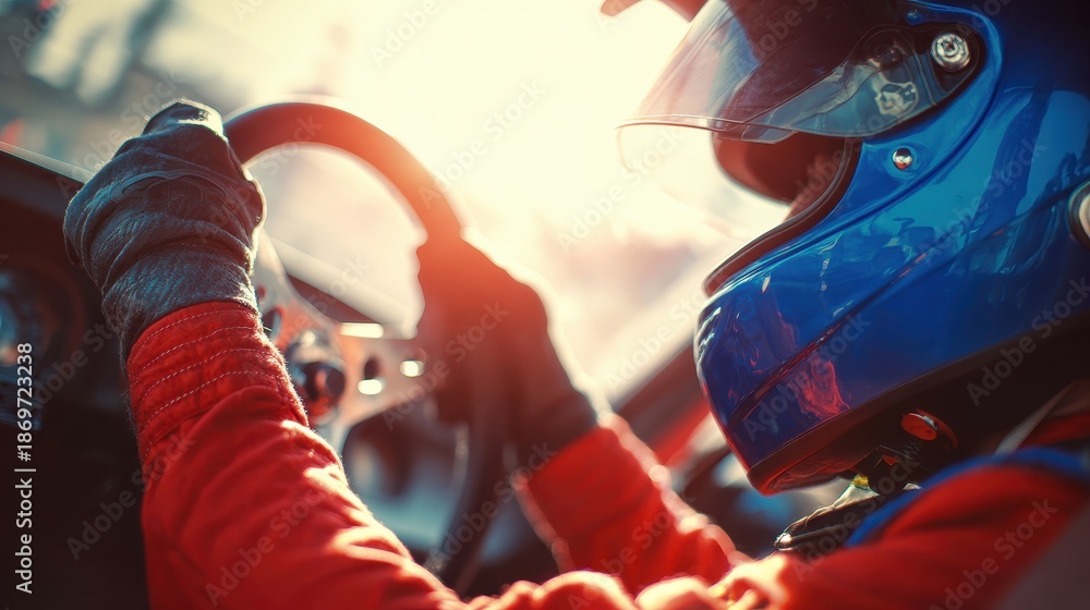 Fototapeta premium racer in red suit and blue helmet gripping a steering wheel
