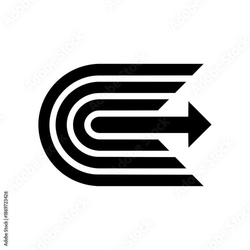 Curved directional arrow composed of layered lines, representing forward motion, progress, and guided momentum in business, technology, or navigation concepts.