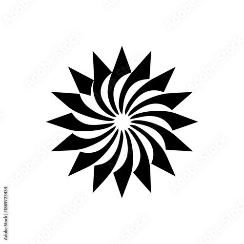 Radial geometric burst with rotating blades that evokes energy, focus, and powerful motion, suitable for bold and dynamic visual identities.