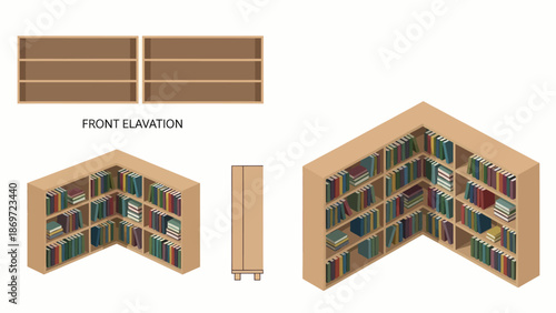 Detailed illustration of corner bookshelf with multiple sections and books