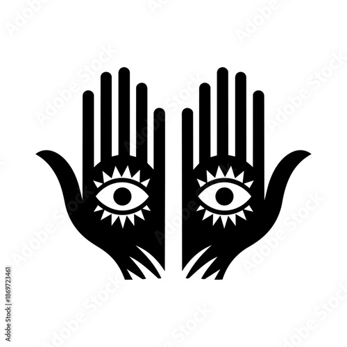 Symmetrical open hands with all-seeing eyes forming a protective and spiritual symbol associated with intuition, awareness, guidance, and higher consciousness.