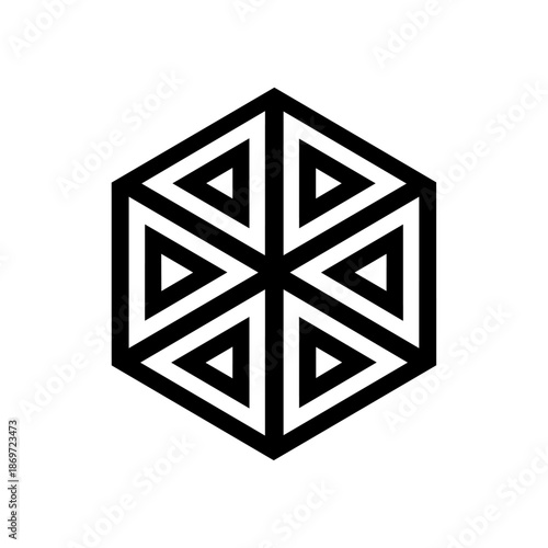 Hexagonal geometric mark built from repeating triangular forms, symbolizing structure, stability, precision, and intelligent design.