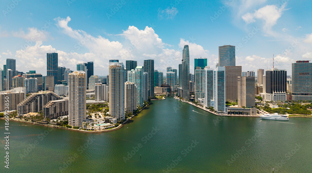 Naklejka premium Aerial view of Brickell skyline. Panoramic cityscape of Brickell Miami. Skyscrapers of Brickell. Scenic view of the Brickells financial district. Brickell in Miami Beach. Iconic business towers.