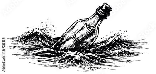 Hand drawn line art illustration of a message in a bottle depicting it floating on ocean waves for a communication theme