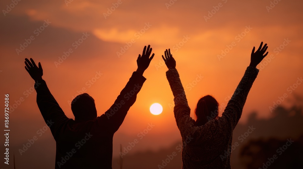 Fototapeta premium Couple reaches for the sun Exploration and travel Sunset prayer trust in God duo lifts hands to bright sky Faith and collaboration Friends working together
