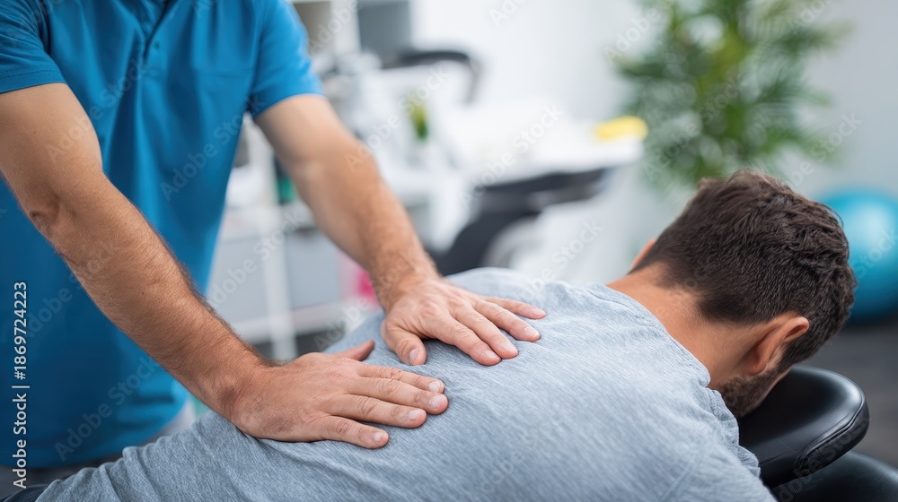 Obraz premium Chiropractor providing massage therapy in a well equipped soothing healthcare setting that encourages health and wellness