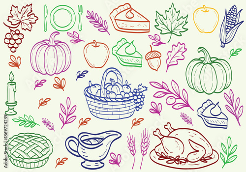 Autumn traditional food icon, thanksgiving day holiday table hand drawn doodle line illustration set. Harvest fall pumpkin, celebration turkey, dessert pie, November eatery design element. Autumn food