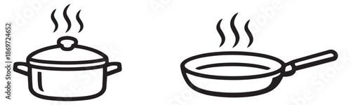 Line art kitchenware icons set featuring a steaming pot and frying pan for cooking concepts