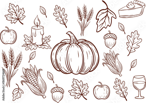 Autumn traditional food icon, thanksgiving day holiday table hand drawn doodle line illustration set. Harvest fall pumpkin, celebration turkey, dessert pie, November eatery design element. Autumn food