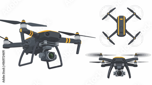 Aerial drone technology quadcopters capturing photography devices in action from various viewpoints