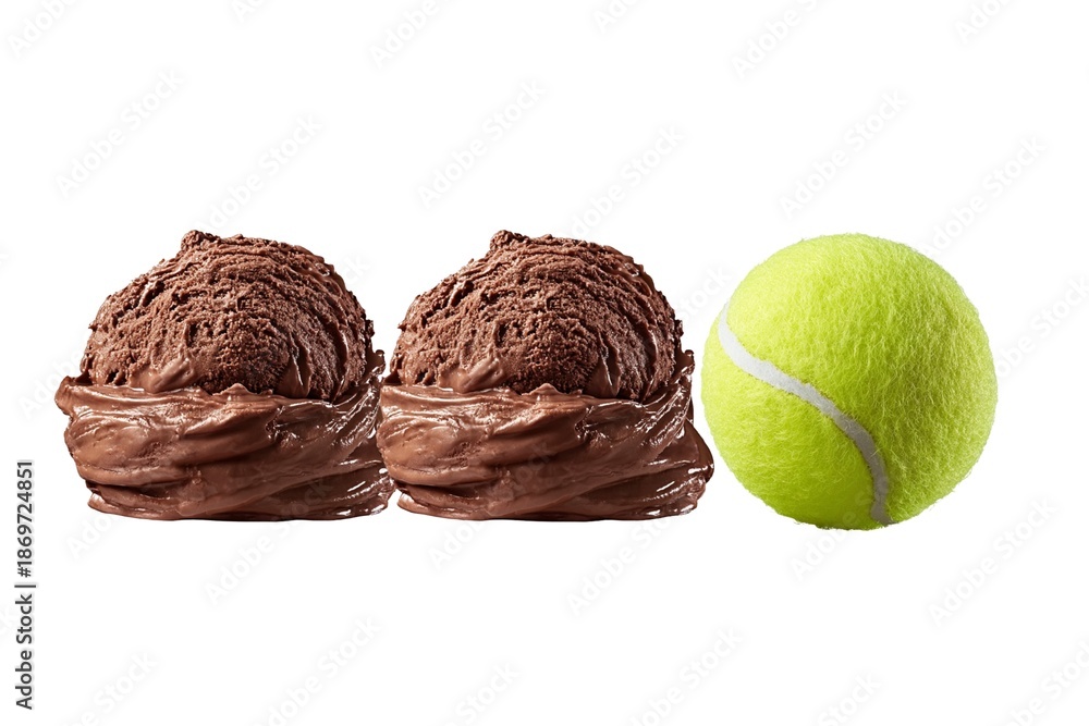 Fototapeta premium Chocolate ice cream scoops and tennis ball, summer still life on white
