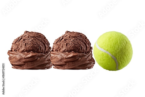 Chocolate ice cream scoops and tennis ball, summer still life on white