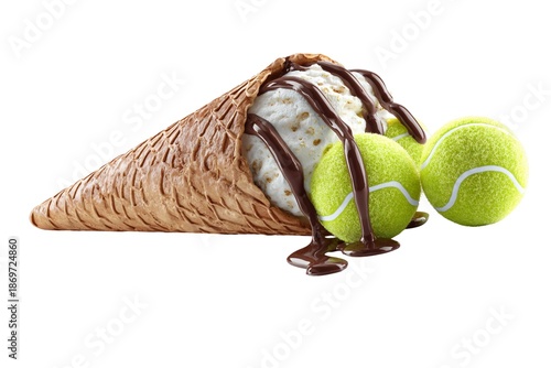 Waffle cone with vanilla ice cream and tennis balls, chocolate drizzle