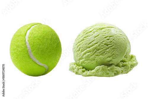 Tennis ball beside green ice cream scoop, minimal still life on white