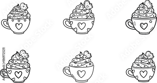 Six heart design coffee cups with whipped cream toppings in silhouette