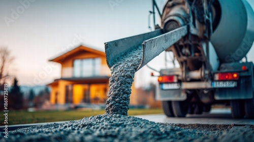 A concrete truck pouring cement, starting the construction of a new home.