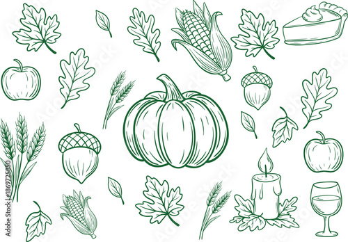 Autumn traditional food icon, thanksgiving day holiday table hand drawn doodle line illustration set. Harvest fall pumpkin, celebration turkey, dessert pie, November eatery design element. Autumn food