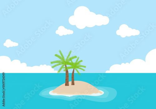 An island with a palm tree in the middle of the ocean, a tropical island. Oceanside vacation concept. Vector, designer illustration, web banner. Vector.