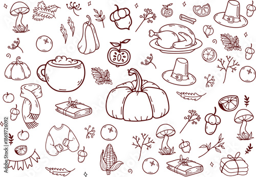 Autumn traditional food icon, thanksgiving day holiday table hand drawn doodle line illustration set. Harvest fall pumpkin, celebration turkey, dessert pie, November eatery design element. Autumn food