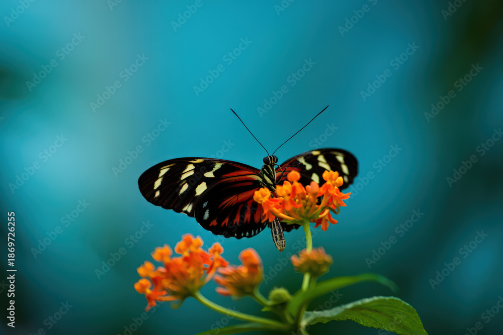 Obraz premium A Striking Black and Orange Butterfly Resting on Vibrant Orange Flowers, Creating a Vivid Contrast and Showcasing the Delicate Balance of Nature's Palette