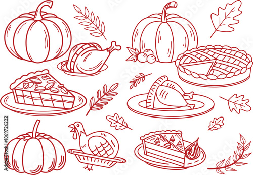 Autumn traditional food icon, thanksgiving day holiday table hand drawn doodle line illustration set. Harvest fall pumpkin, celebration turkey, dessert pie, November eatery design element. Autumn food
