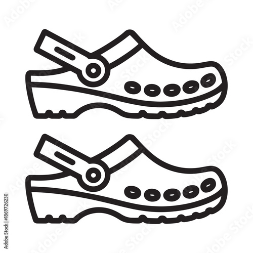 Simple black and white line drawing of a pair of comfortable clogs