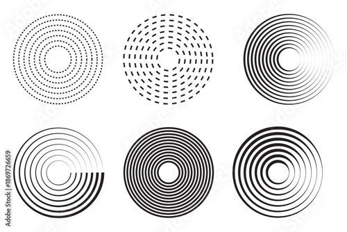Radar icons, sonar waves, radial concentric signal circles, echo sounder symbols. Vector linear black and white and halftone illustration isolated on a transparent background.