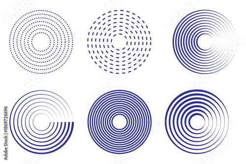 Radar icons, sonar waves, radial concentric signal circles, echo sounder symbols. Vector linear black and white and halftone illustration isolated on a transparent background.