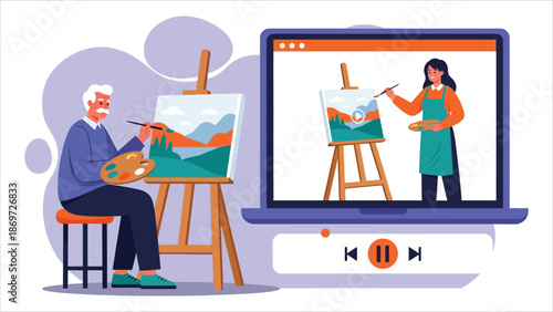  Senior man learning to draw in online art studio class