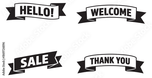 Black and white ribbon set featuring common messages for promotions and greetings