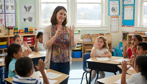 Teacher Using Sign Language in Inclusive Diverse Primary Classroom