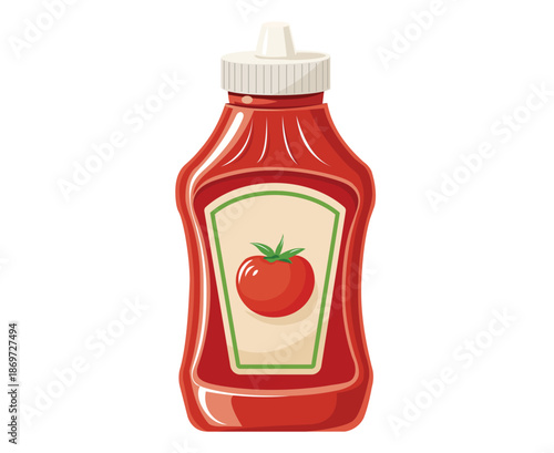 Illustration of a red plastic ketchup bottle with a tomato label