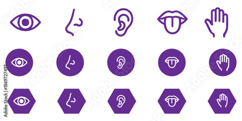 Human senses icon set. Vision eye, smell nose, hearing ear, touch hand, taste mouth with tongue. Simple line icons in black. Five senses of human nervous system
