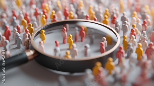 A large group of small figures in various colors fills the area. A magnifying glass is placed over the scene highlighting certain figures. This portrays an investigation or search activity.