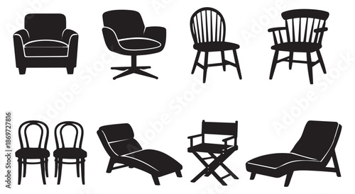 Silhouette line art furniture set featuring various types of chairs and seating for interior design