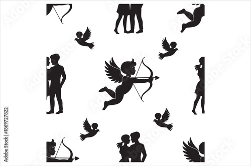 Cupid angel silhouettes with wings isolated on white background showing love mythology fantasy archery romance and valentine themed illustration concept 