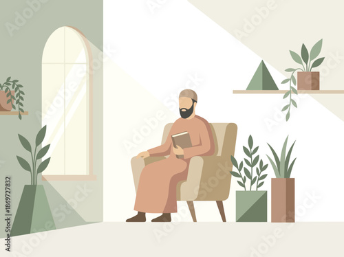 Muslim Man Reading Quran in a Peaceful Minimalist Living Room with Sunlight Vector Illustration