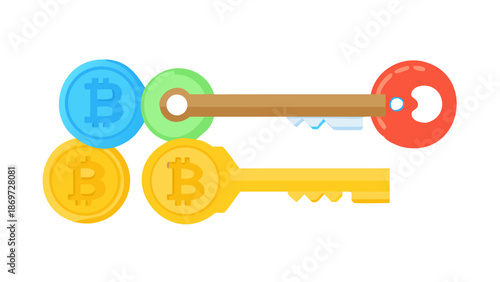Vector illustration of three different physical keys turning in a single digital lock to release a Bitcoin symbol, representing multi-signature security.