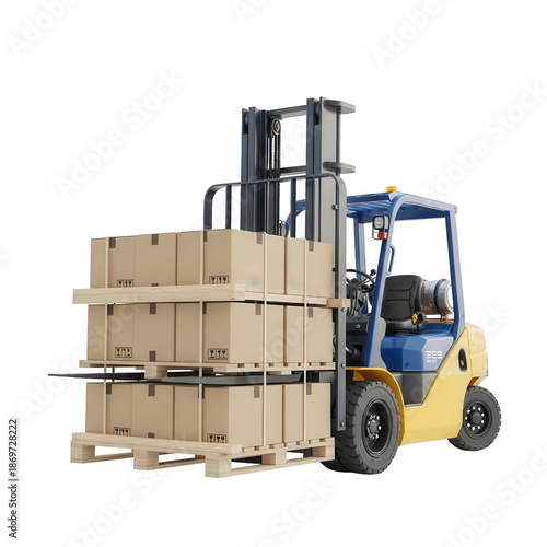 Forklift lifting pallets of boxes isolated on transparent background