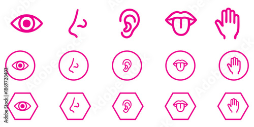 Human senses icon set. Vision eye, smell nose, hearing ear, touch hand, taste mouth with tongue. Simple line icons in black. Five senses of human nervous system