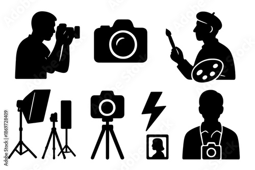 Silhouette of photographer and artist icons with equipment