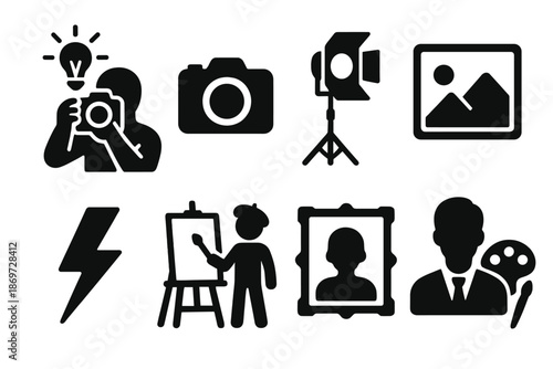 Photography and art icons set with camera, easel, and portrait elements